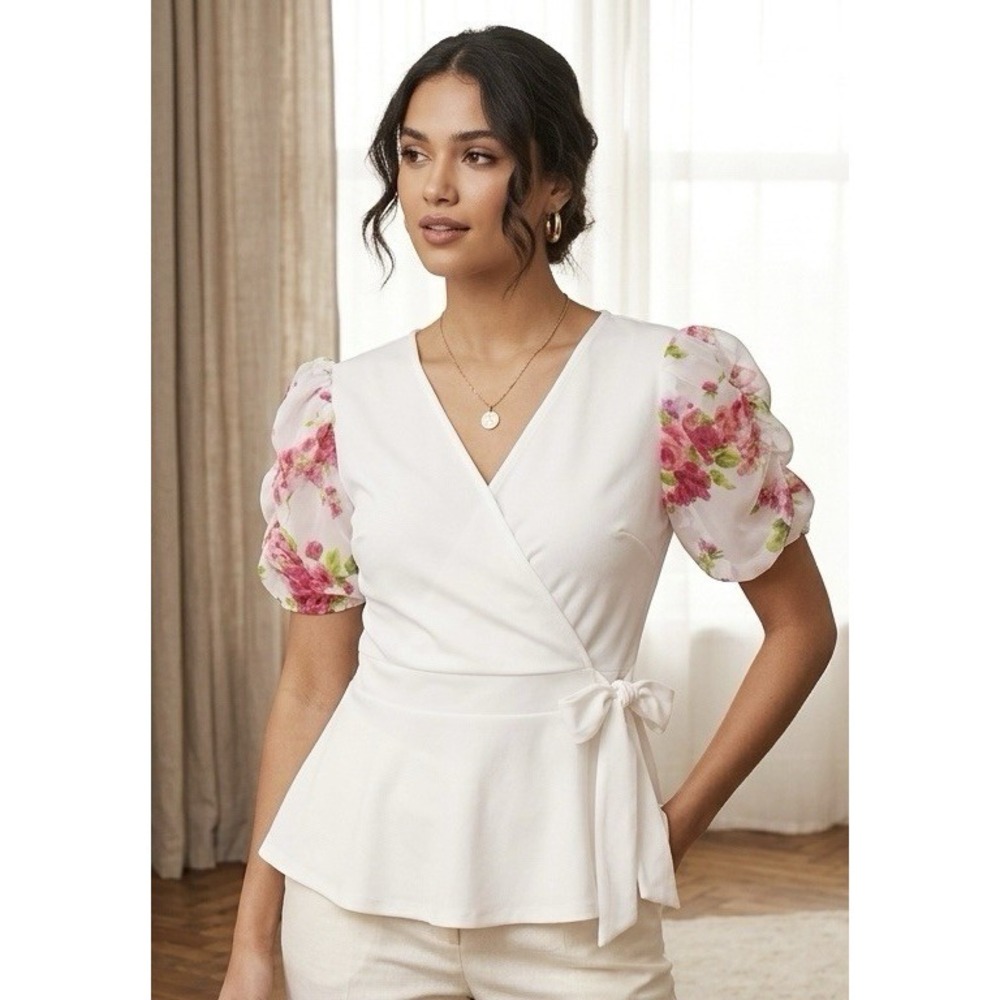 NAIF Women's V-neck White Faux-wrap Peplum Blouse Top Shirt - Size L